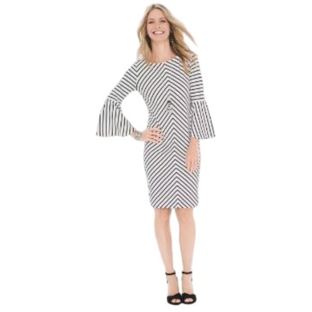 Chicos Striped Flare Sleeve Dress Size 3 XL 16 / 18 Ivory White Black Stretch